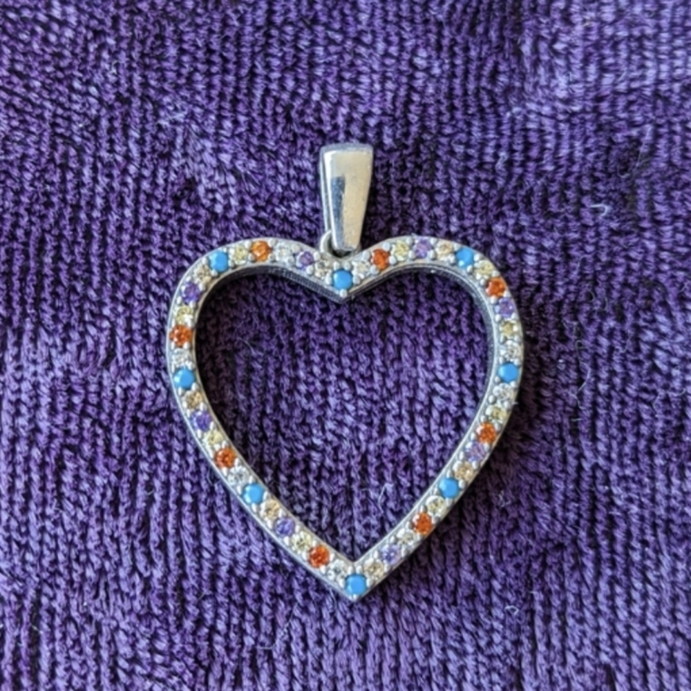Vintage 925 Sterling Silver Open Heart Pendant Paved With Gemstones